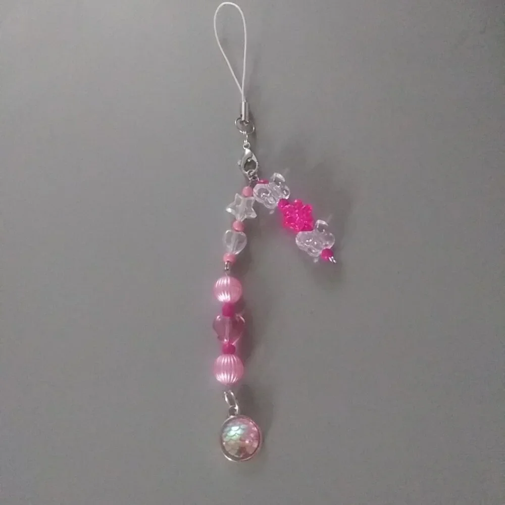 Pink Sparkle Butterfly & Star Beaded Phone Charm – Kawaii Glitter Accessory